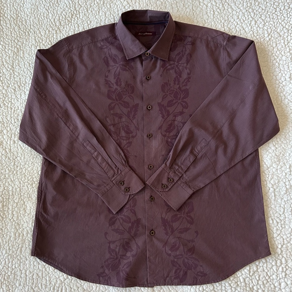 Tommy Bahama Button Down Shirt Men's XL Purple Floral Print Silk Cotton Blend